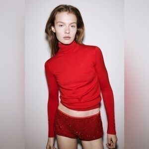 ZARA Basic Turtleneck knit sweater bright red long sleeve with gold faux button